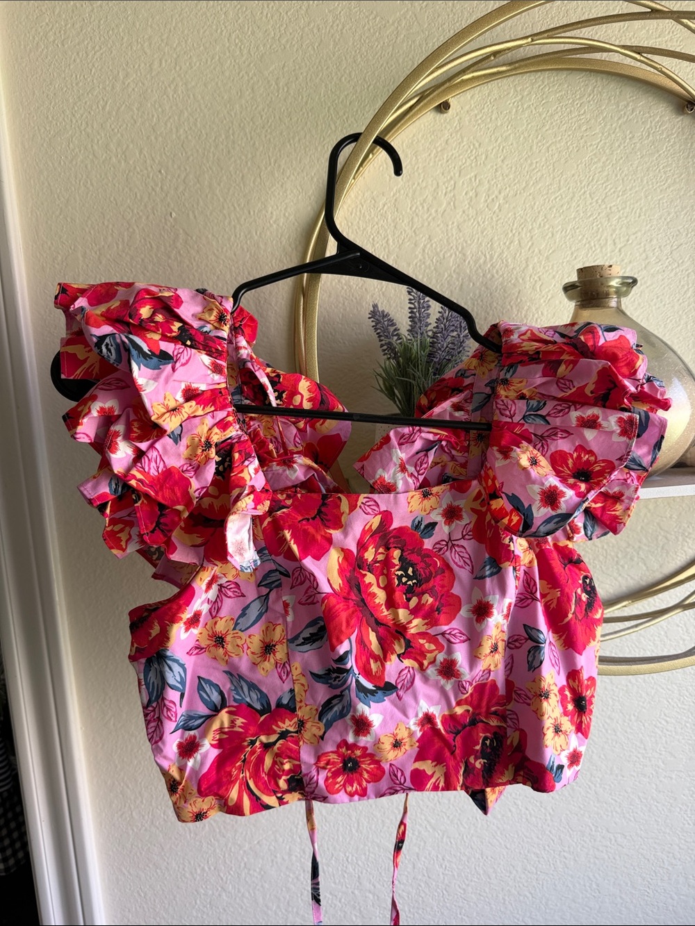 Buddy Love Pink Floral Ruffle Crop Top with Red & Yellow Blooms